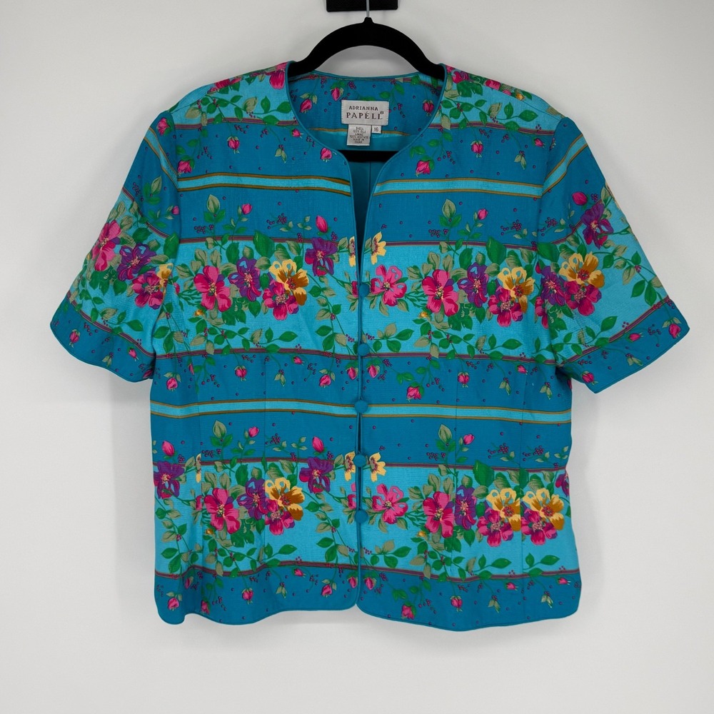 Adrianna Papell Silk Blazer Top Size 16 Blue Floral Pattern Button Dopamine
